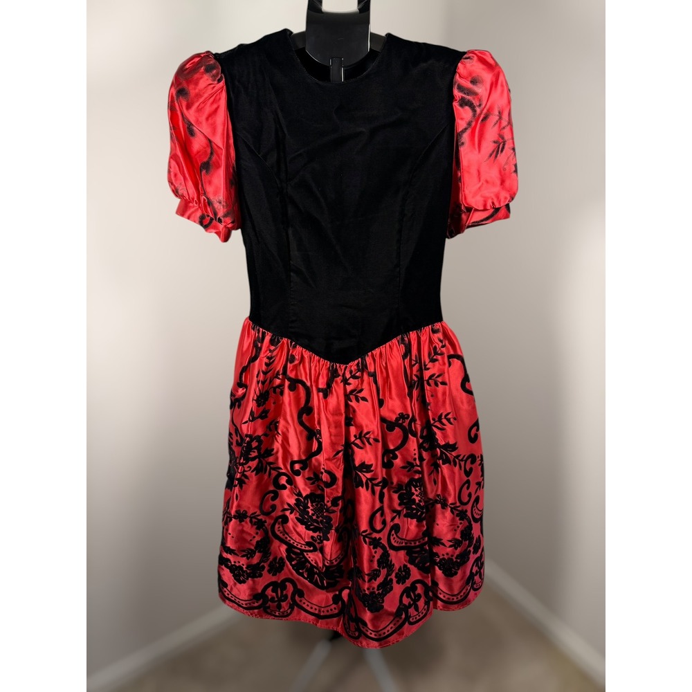 Vintage Jessica McClintock Velvet Satin Flocked Damask Puff Sleeve Party Dress